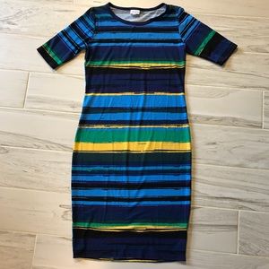 LuLaRoe Julia Dress Blue Yellow Green Watercolor
